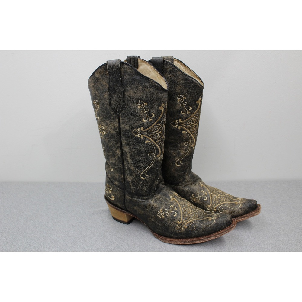 Circle G Boots Women 12 Black L5048 Embroidered Western Snip Toe Cowboy Distress